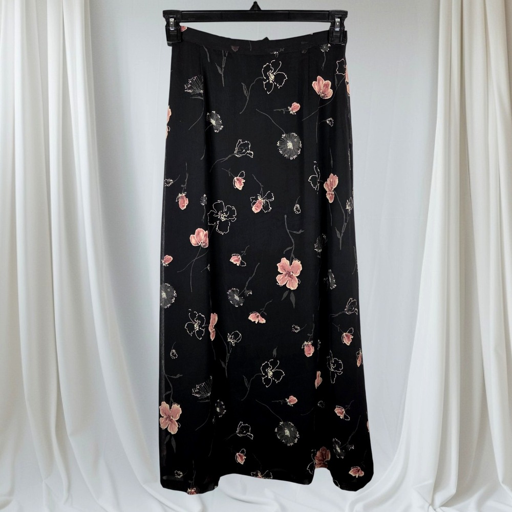 VTG‎ Black Pendleton Maxi Skirt Women's 8 Floral Lined Fairy Pink Whimsigoth